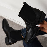 Black Trendy Pull-On Mid Heel Boots