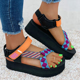 Herstyled Women Casual Fashion Cloth Color-Blocking Magic Tape Platform Sandals