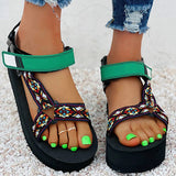 Herstyled Women Casual Fashion Cloth Color-Blocking Magic Tape Platform Sandals