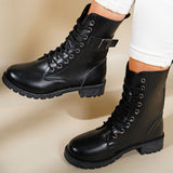 Black Lace Up Mid Heel Boots