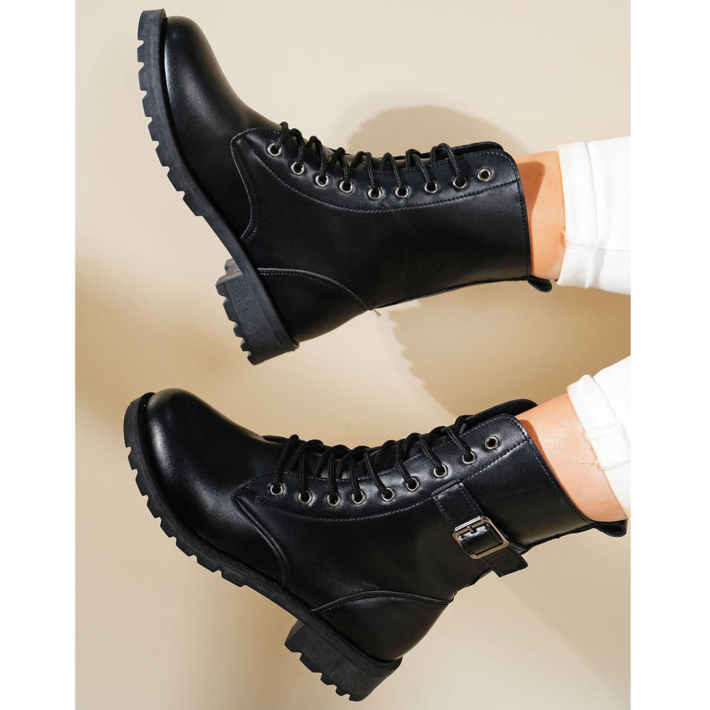 Black Lace Up Mid Heel Boots