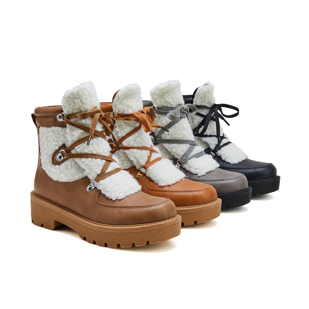 Herstyled Women's Faux Shearling Stiching Lace Up Snow Boots