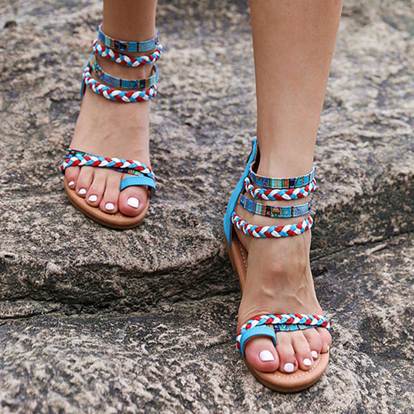 Herstyled Women's Vintage Bohemian Woven Patchwork Toe Ring Sandals