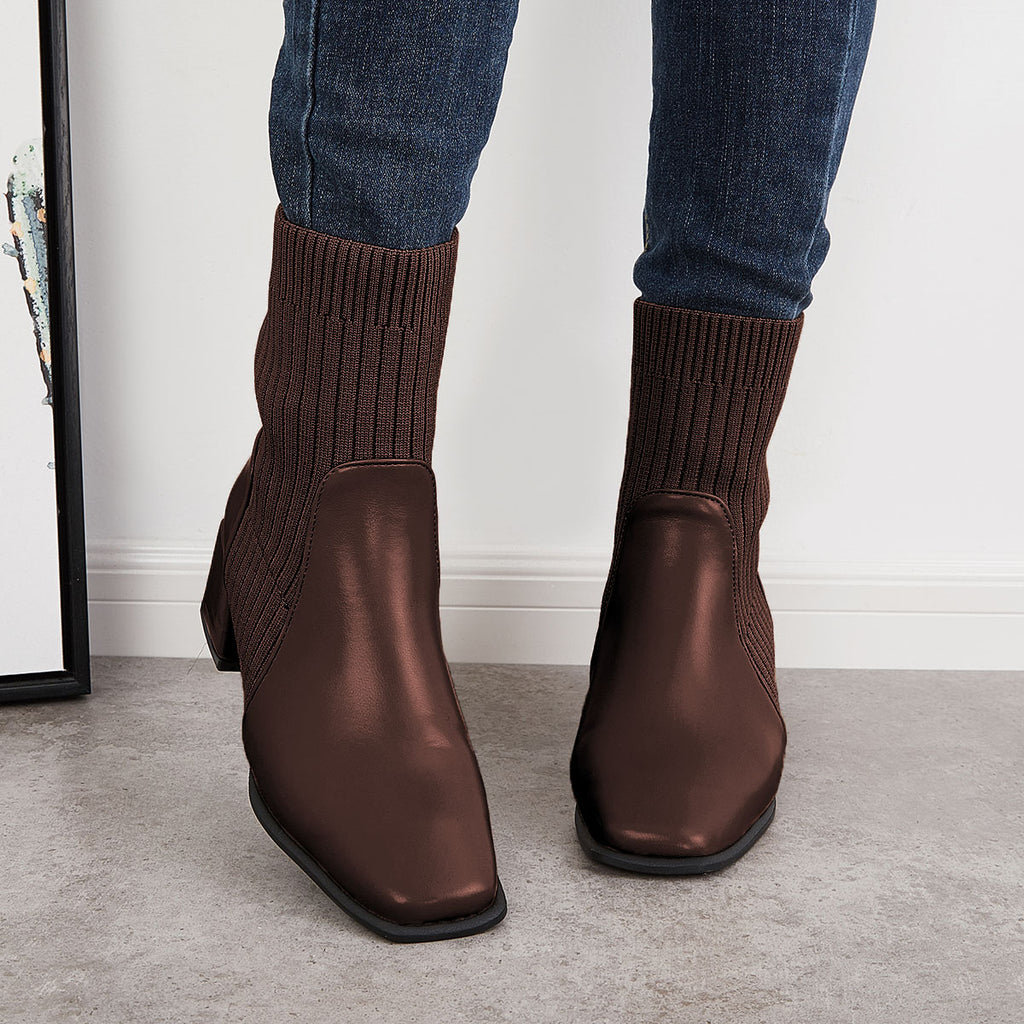 Leather Slip On Elastic Chunky Heel Boots