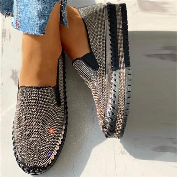 Herstyled Women Casual Fashion Rhinestone Slip-on Loafers/ Sneakers