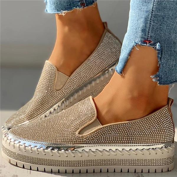 Herstyled Women Casual Fashion Rhinestone Slip-on Loafers/ Sneakers