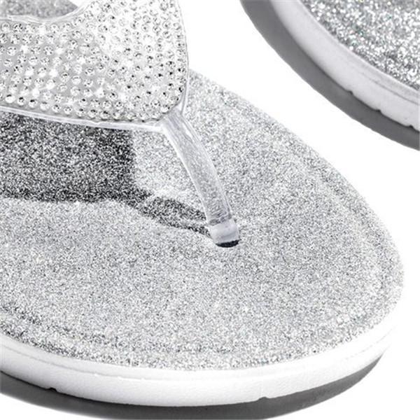 Herstyled Silver Summer Artificial Leather Rhinestone Seaside Slippers