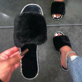 Herstyled Women Chic Rhinestone Faux Fur Slippers