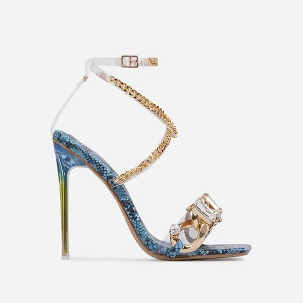 Herstyled Noble Gold Chain Large Crystal High Heel Sandals