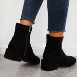 Black Suede Side Zipper Mid Heel Boots