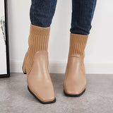 Leather Slip On Elastic Chunky Heel Boots