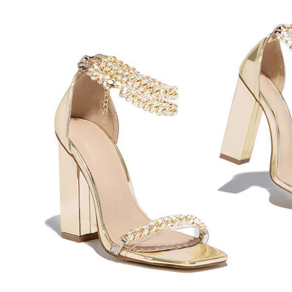 Herstyled Gold-Tone Chain Embellished Ankle Strap Chunky Heels