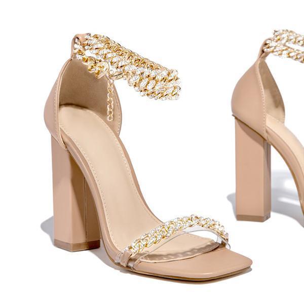Herstyled Gold-Tone Chain Embellished Ankle Strap Chunky Heels