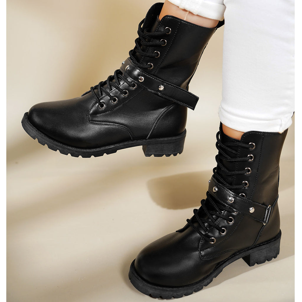 Lace Up Mid Heel Boots