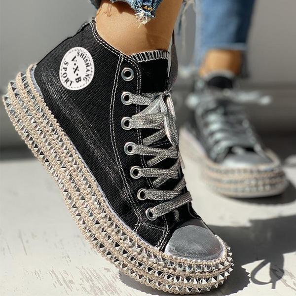 Herstyled Fashion Leopard Rivet Embellished Lace-Up Sneakers