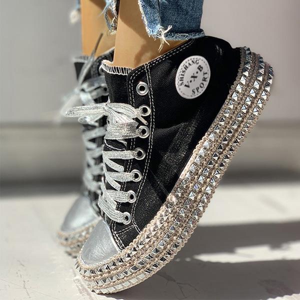 Herstyled Fashion Leopard Rivet Embellished Lace-Up Sneakers
