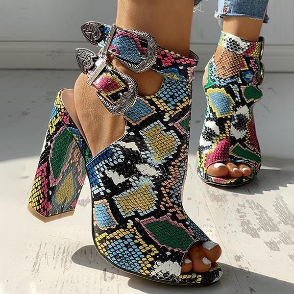 Herstyled Snakeskin Ankle Buckled Chunky Heels