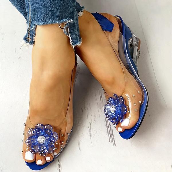 Herstyled Studded Flower Design Transparent Wedge Sandals