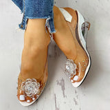Herstyled Studded Flower Design Transparent Wedge Sandals
