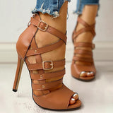 Herstyled Solid Hollow Out Ankle Strap Thin Heeled Sandals