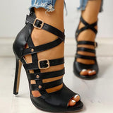 Herstyled Solid Hollow Out Ankle Strap Thin Heeled Sandals