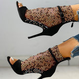 Herstyled Studded Grid Mesh Open Toe Thin Heels