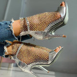 Herstyled Studded Grid Mesh Open Toe Thin Heels