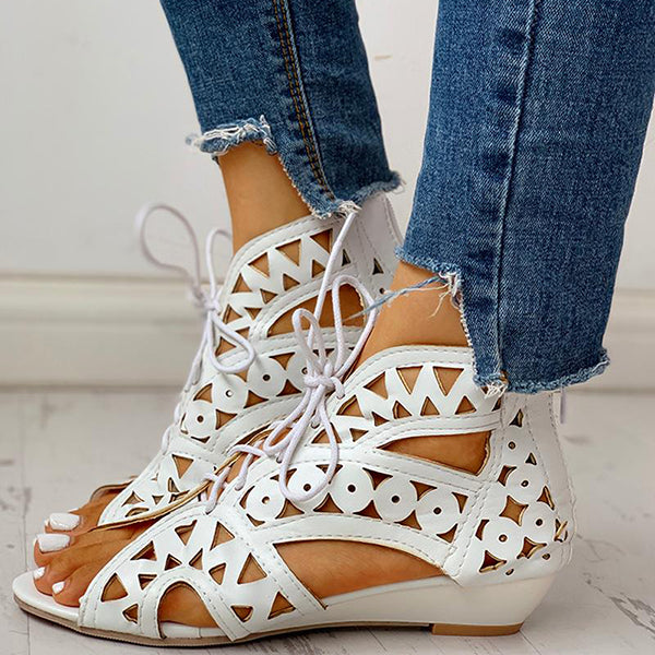 Herstyled Hollow Out Lace-Up Pu Wedge Sandals