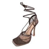 Herstyled Fishnet Squared Toe Lace Up Heels
