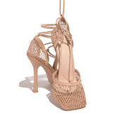 Herstyled Fishnet Squared Toe Lace Up Heels
