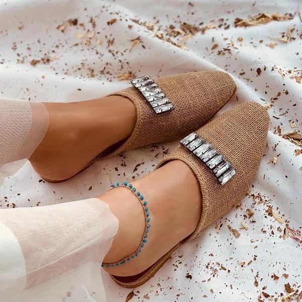 Herstyled Rhinestone Square Toe Shoes Flat Slippers