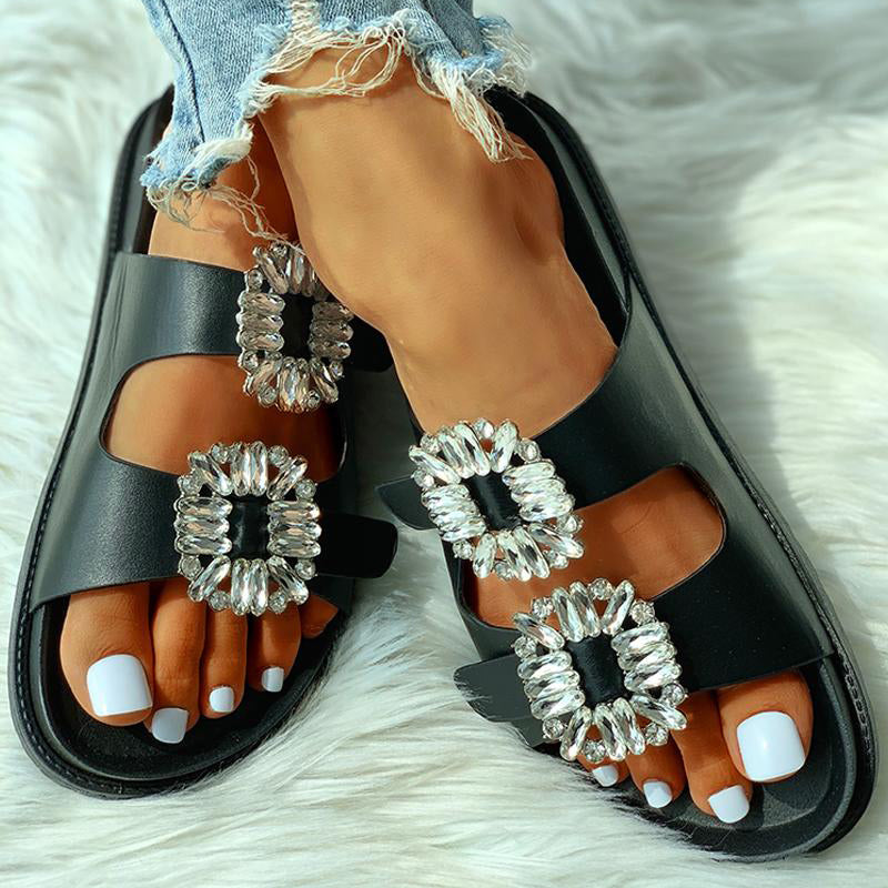 Herstyled Women Fashion Bling Crystal Flat Beach Slippers