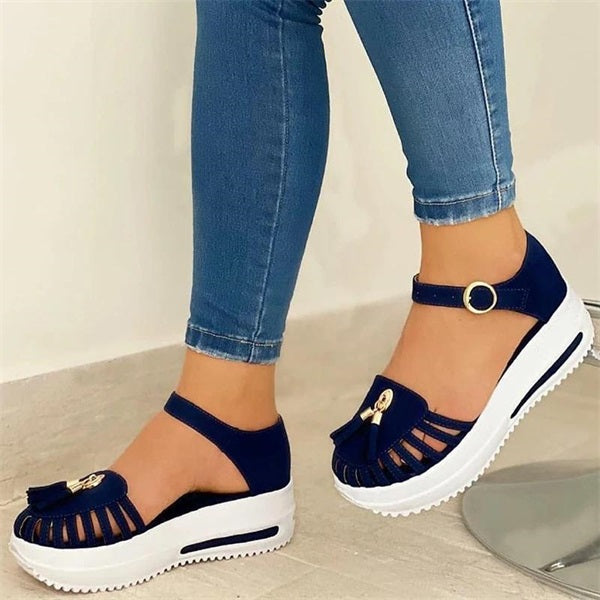 Herstyled Comfy Platform Soft Sole Fabric Hollow-Out Tassels Sandals