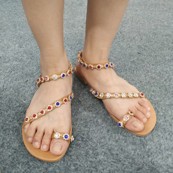 Herstyled Round Toe Flat Rhinestone Sandals
