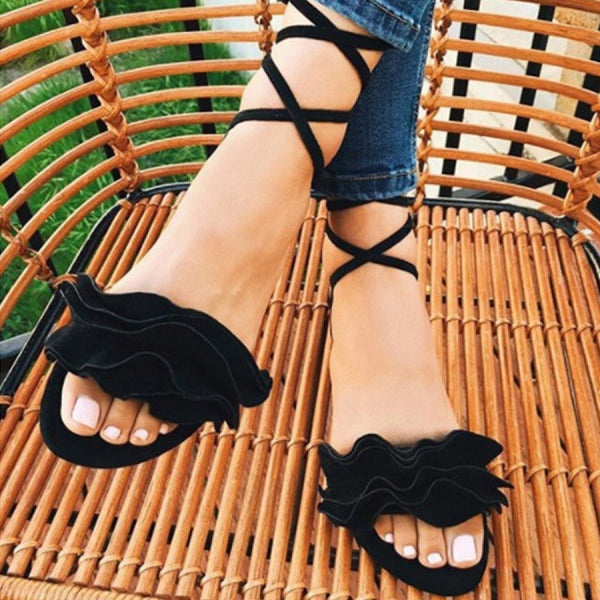 Herstyled Plain Flat Suede Peep Toe Casual Date Flat Sandals