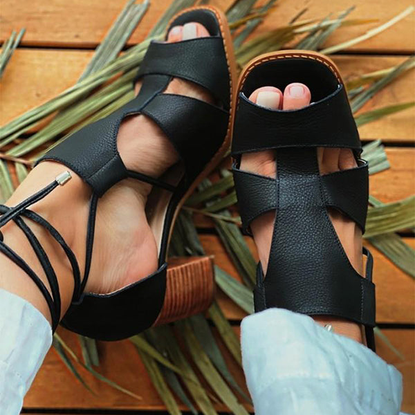 Herstyled Square-Toe Solid Color Pu Leather Sandals