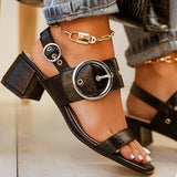 Herstyled Rome Style Square-Toe Solid Color Splicing Buckle Heel Sandals