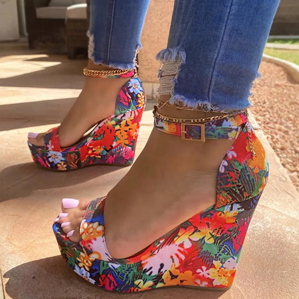 Herstyled Women's Trendy Tropical Pattern Wedge Sandals
