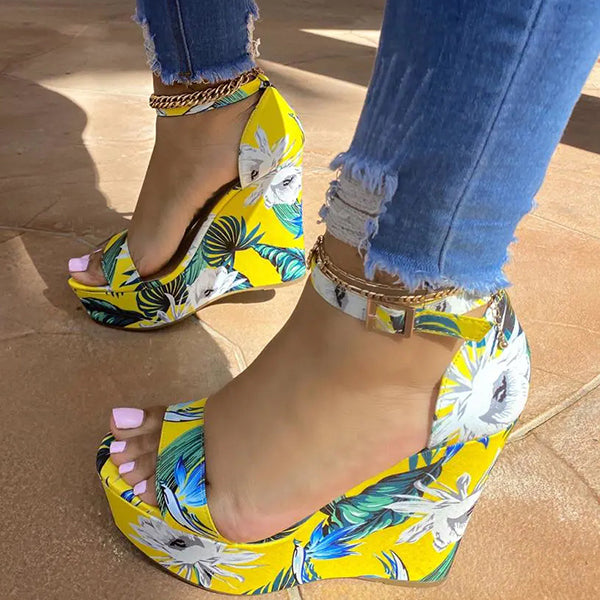 Herstyled Women's Trendy Tropical Pattern Wedge Sandals