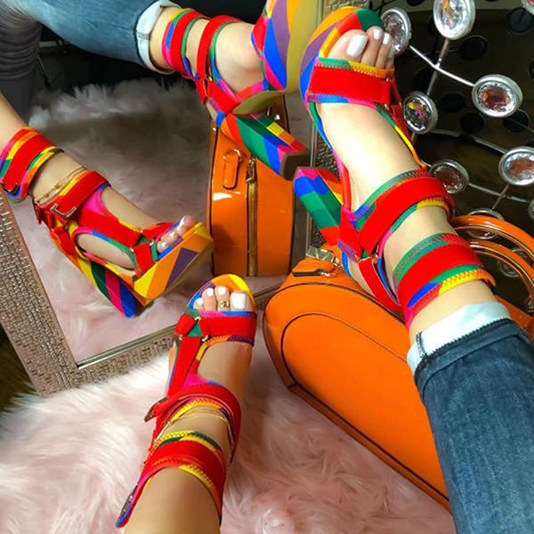 Herstyled Stylish Peep Toe Velcro Color Block High Heels