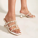 Herstyled Clear Faux Pearl Decor Pyramid Heeled Sandals