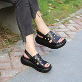 Herstyled Women's Vintage Leather Simple Hollow Wedge Sandals