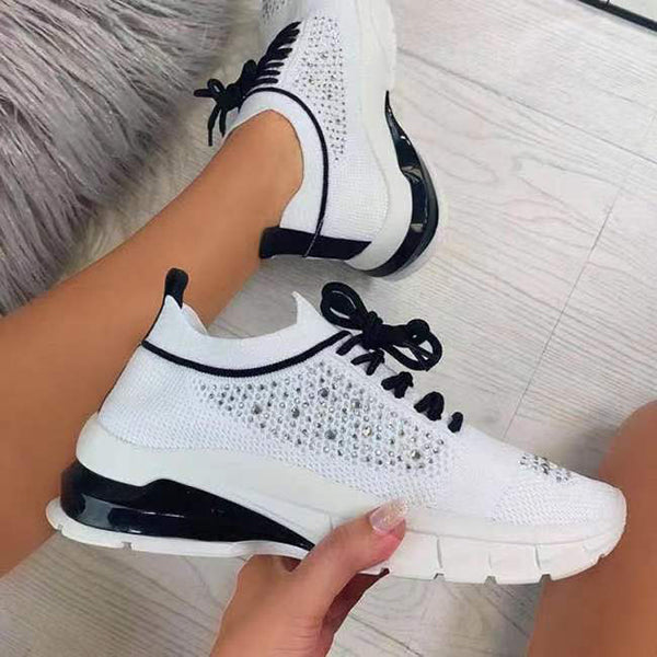 Herstyled Women's Fashionable And Comfortable Flying Woven Rhinestone Sneakers