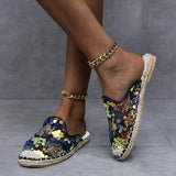 Herstyled Hemp Soled Sequined Cloth Bling Flat Slippers