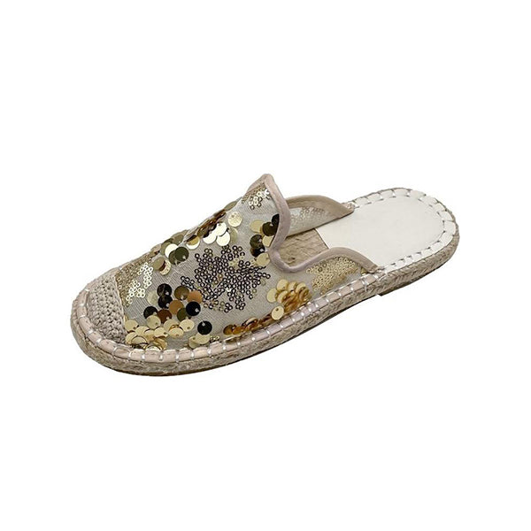 Herstyled Hemp Soled Sequined Cloth Bling Flat Slippers
