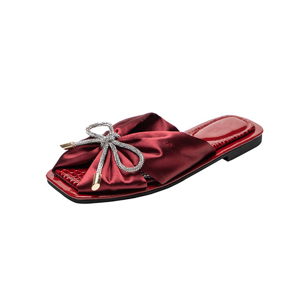 Herstyled Women's Luxry Silk Lace Bow Square Toe Flat Slippers