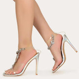 Herstyled Trendy Square Toe Butterfly Rhinestone Chain Clear Heels