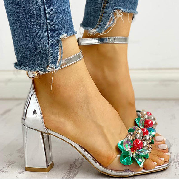 Herstyled Beaded Ankle Strap Chunky Heels