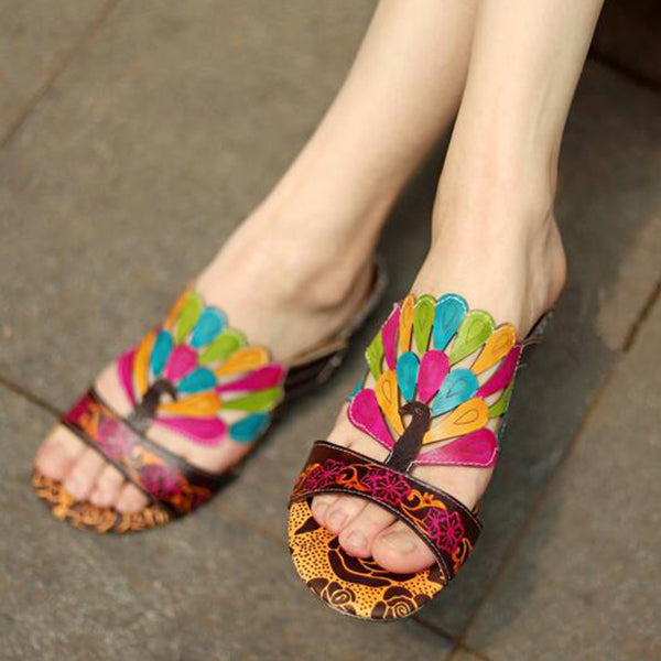 Herstyled Romantic Peacock Colorful Leather Mule Sandals