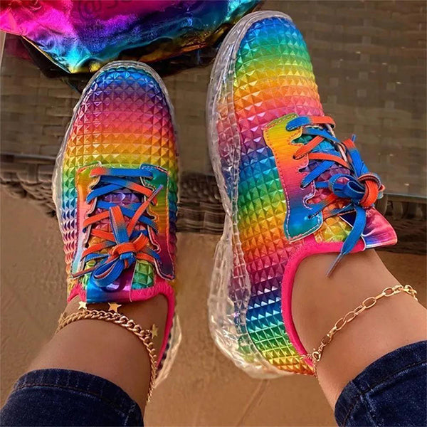 Herstyled Rainbow Lace-Up Round Toe Low-Cut Upper Sneakers